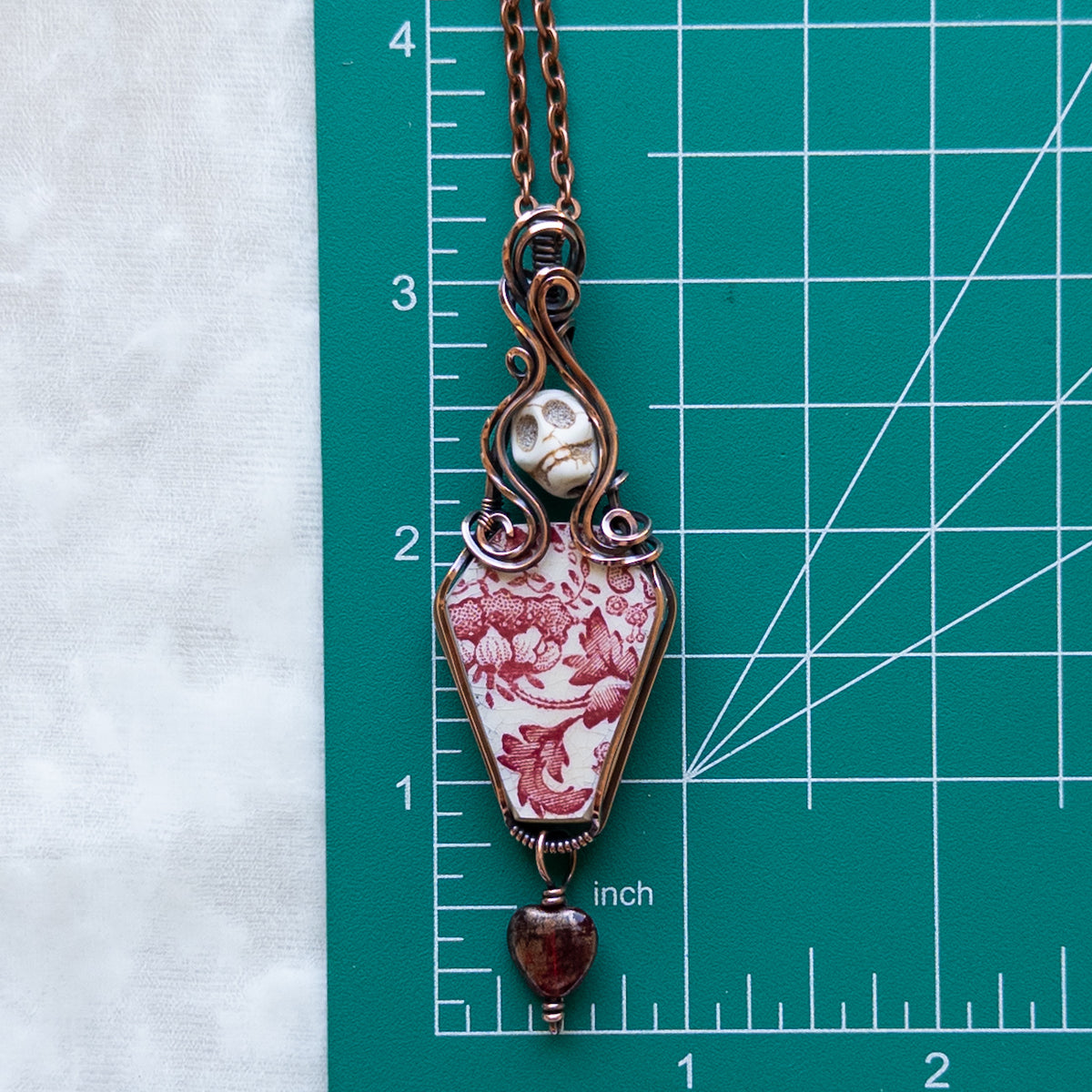 Vintage China Coffin, Skull, & Heart Antiqued Copper Pendant