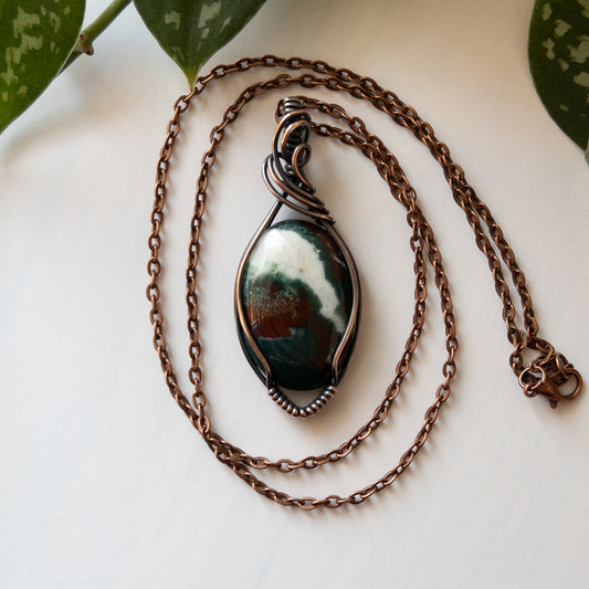 Red & Green Moss Agate & Copper Wrapped Pendant