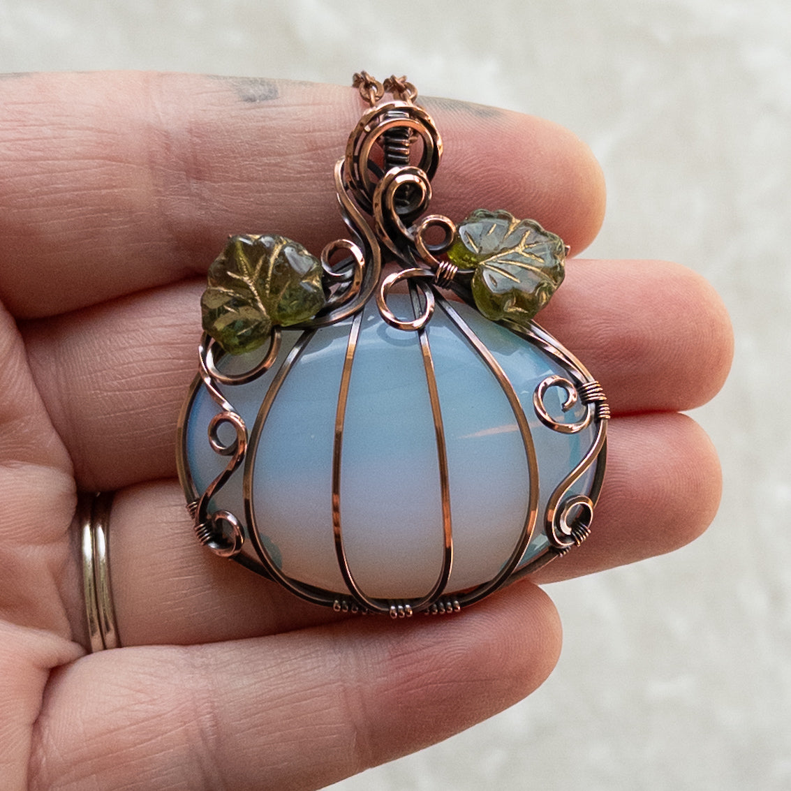 Opalite Glass Antiqued Copper Pumpkin Pendant With Czech Glass Leaves