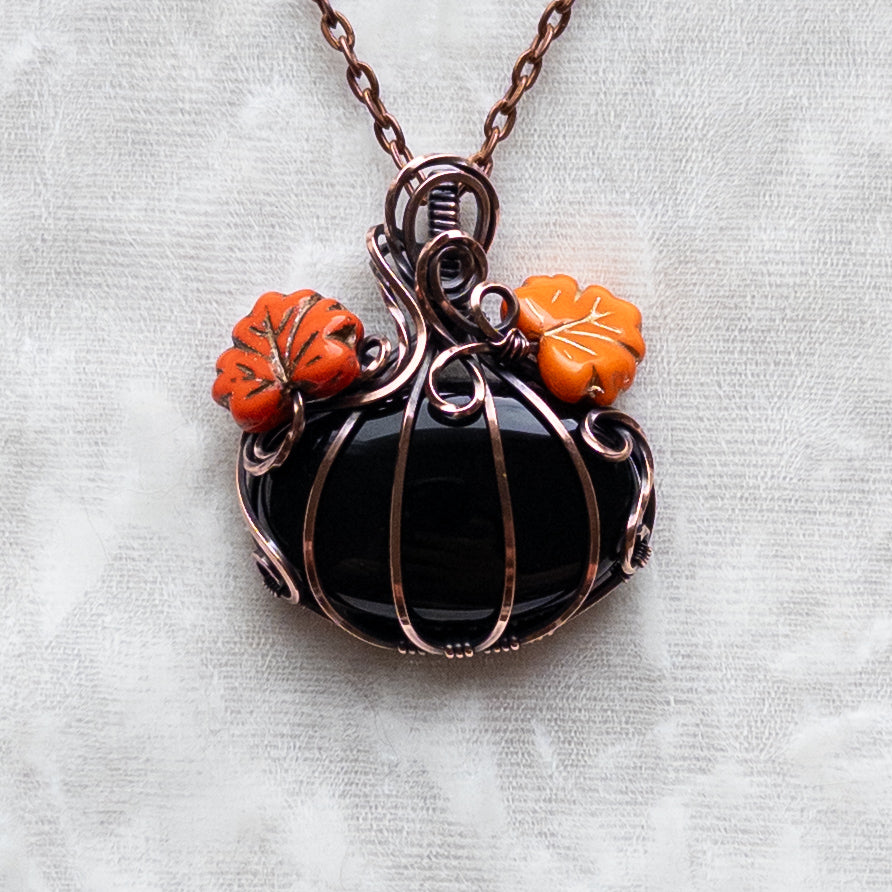 Black Onyx Antiqued Copper Pumpkin Pendant With Czech Glass Leaves