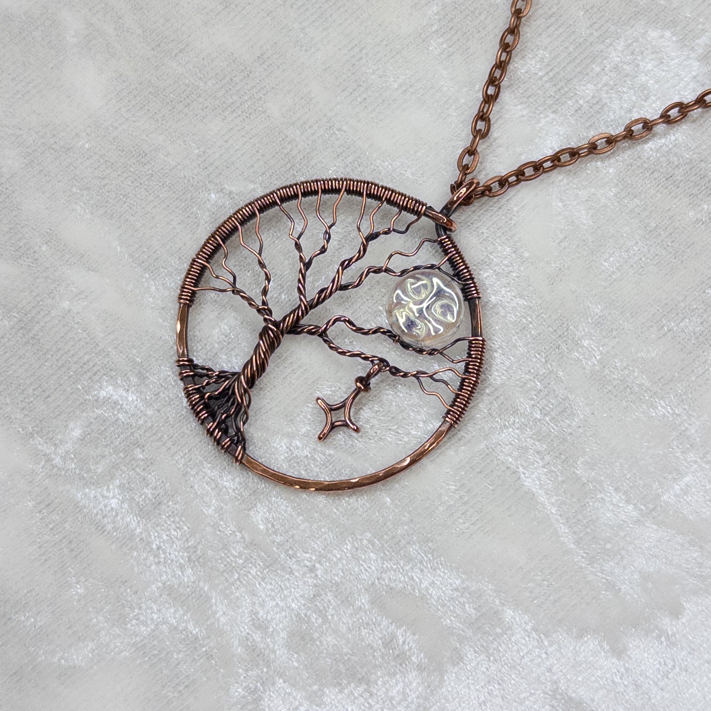 “Moon In The Tree” Antiqued Copper Pendant With Iridescent Czech Glass Bead