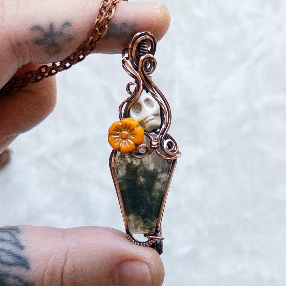 Moss Agate Coffin, Skull, & Marigold Antiqued Copper Pendant With Dangling Leaf