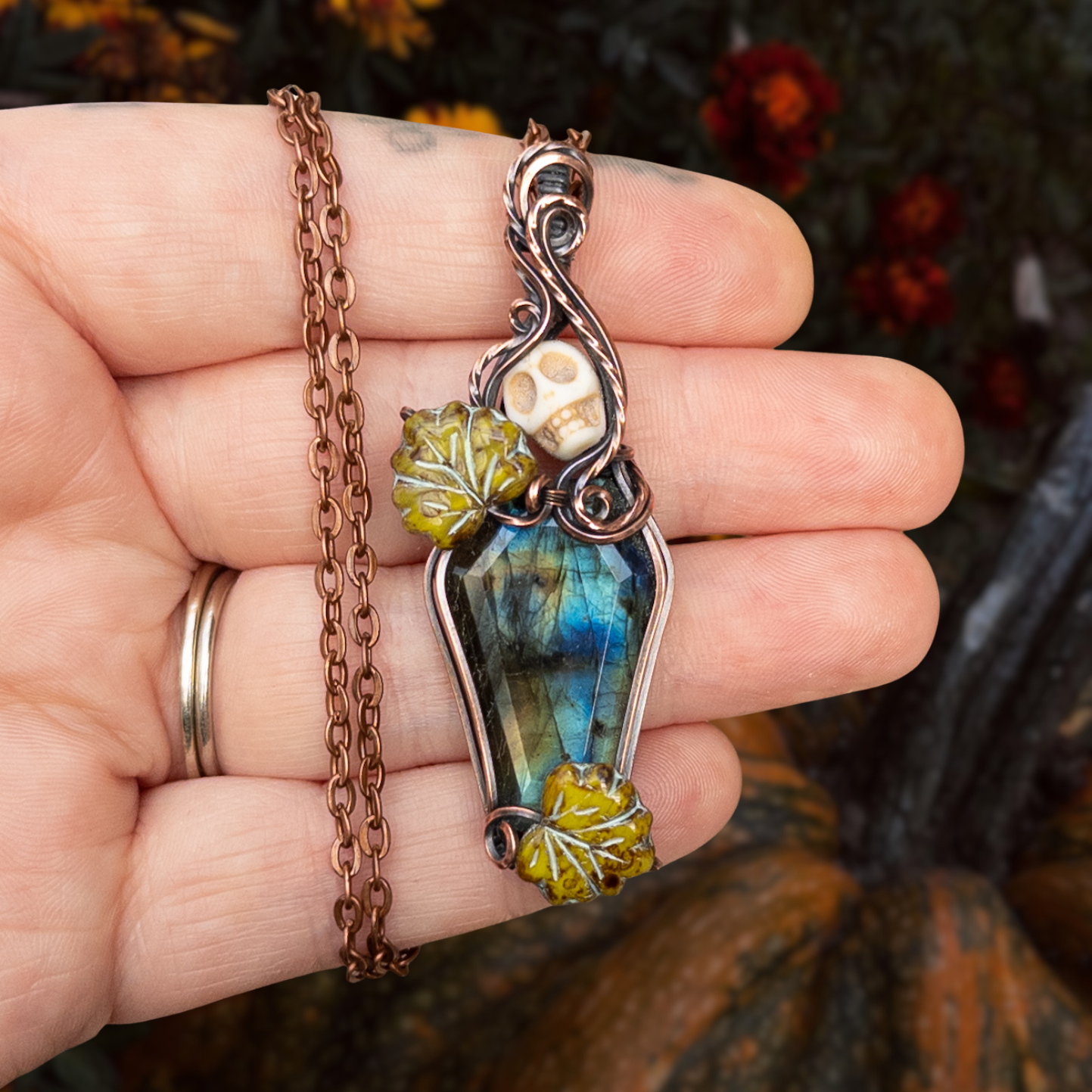 Labradorite Coffin Antiqued Copper Pendant With Stone Skull & Czech Glass Leaves