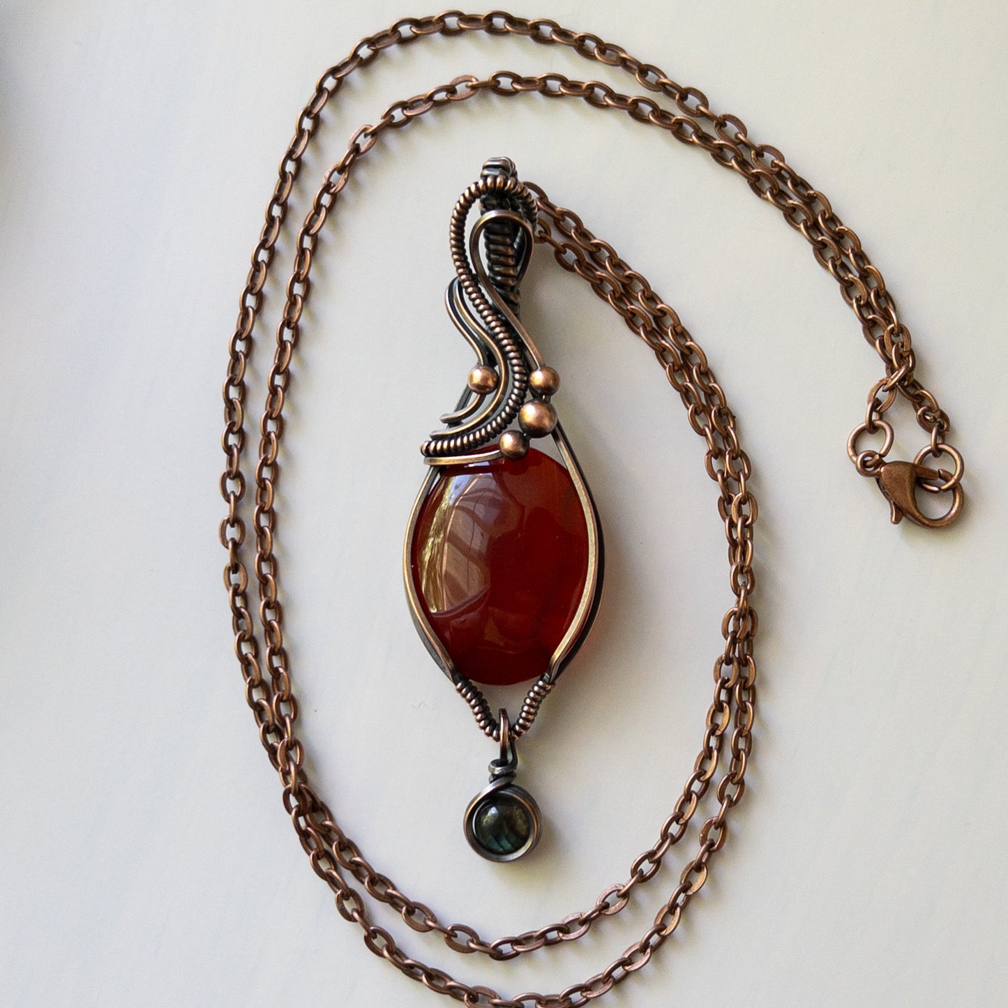 Carnelian With Labradorite Charm Antiqued Copper Wrapped Pendant