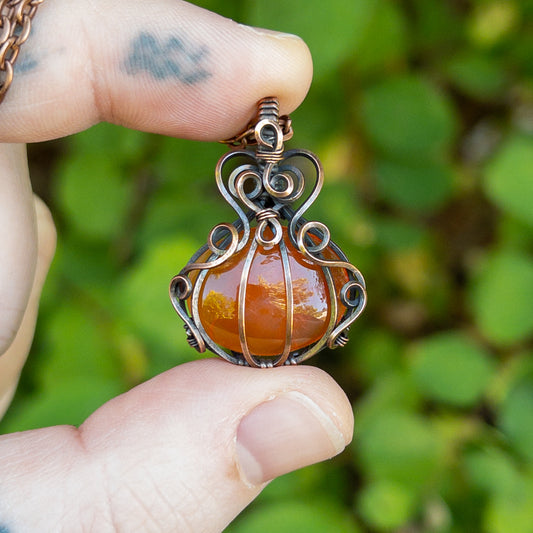 Orange Carnelian Pumpkin Antiqued Copper Wrapped Pendant