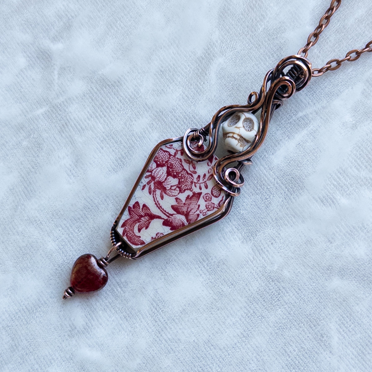 Vintage China Coffin, Skull, & Heart Antiqued Copper Pendant