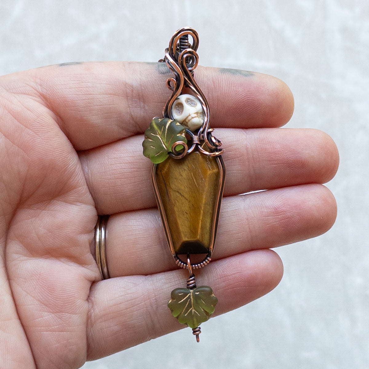 Tiger’s Eye Coffin & Skull Antiqued Copper Pendant With Czech Glass Leaves
