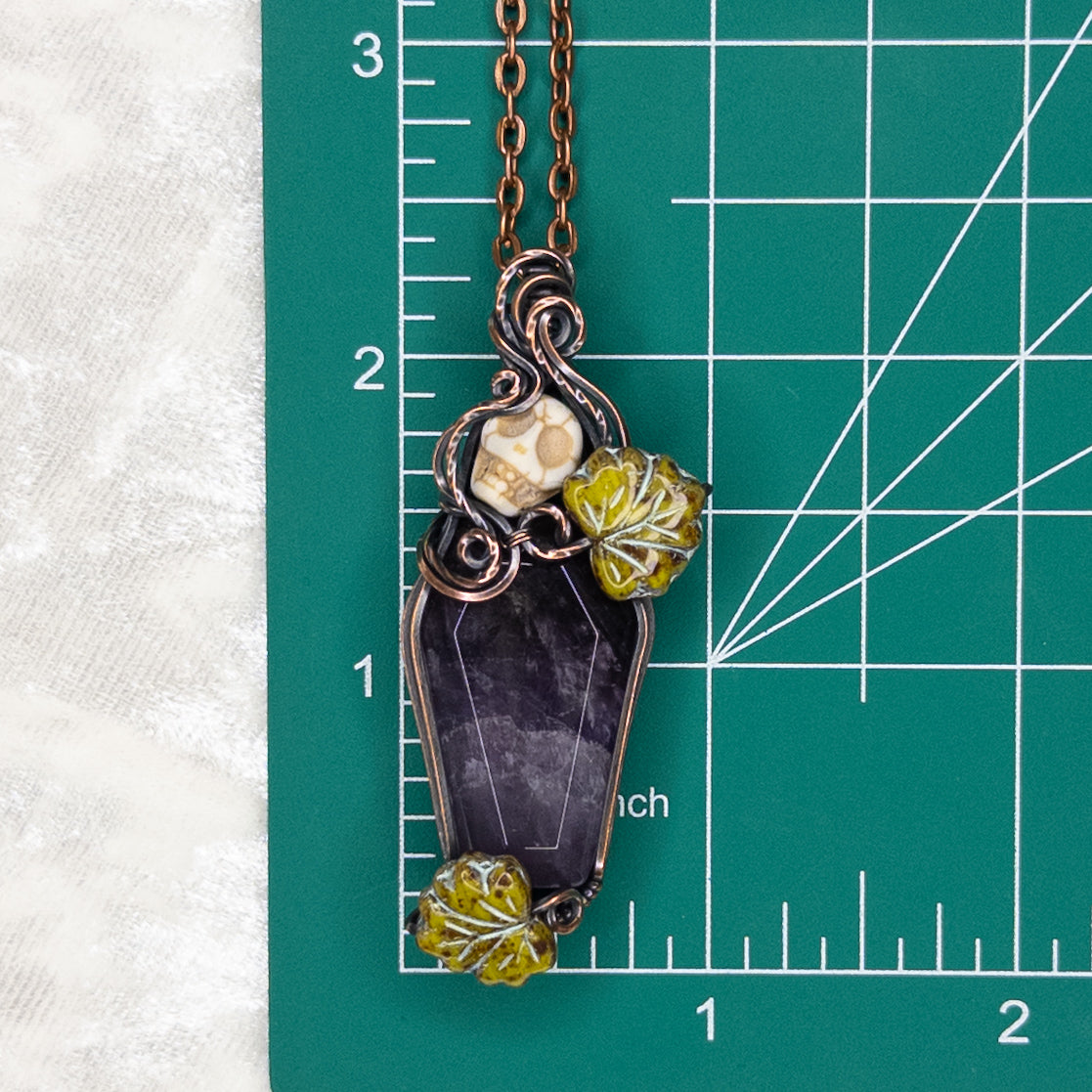 Amethyst Coffin & Skull Antiqued Copper Pendant With Czech Glass Leaves