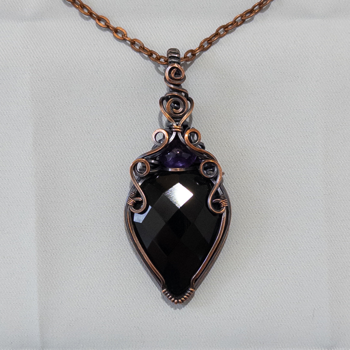 Faceted Obsidian & Amethyst Copper Wrapped Pendant