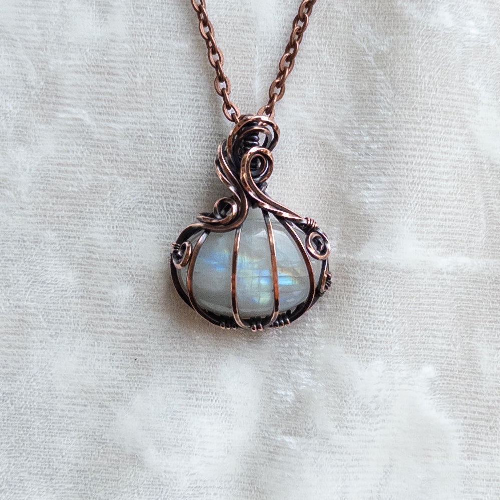 Mini Rainbow Moonstone Antiqued Copper Pumpkin Pendant