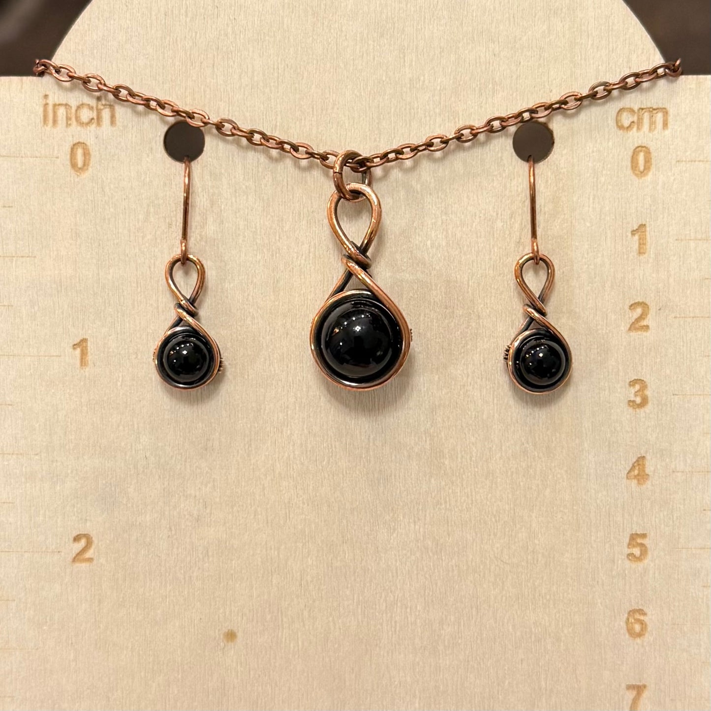 Drops of Obsidian Antiqued Copper Pendant & Earrings Set