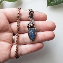 Load image into Gallery viewer, Labradorite With Carved Eye Motif &amp; Copper Wrapped Pendant
