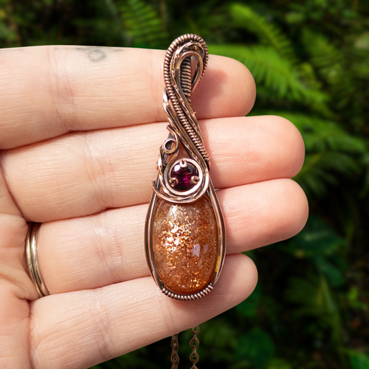 Sunstone & Pink Garnet Antiqued Copper Pendant