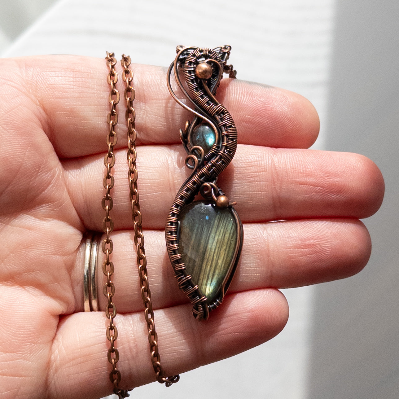 Double Labradorite Wrapped & Woven Copper Pendant