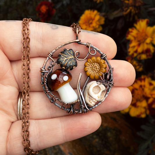 “Autumn Rest” Antiqued Copper Pendant With Czech Glass Botanical Beads, Lampwork Mushroom Bead, Stone Skull Bead, And Tiny Glass & Wire Spider
