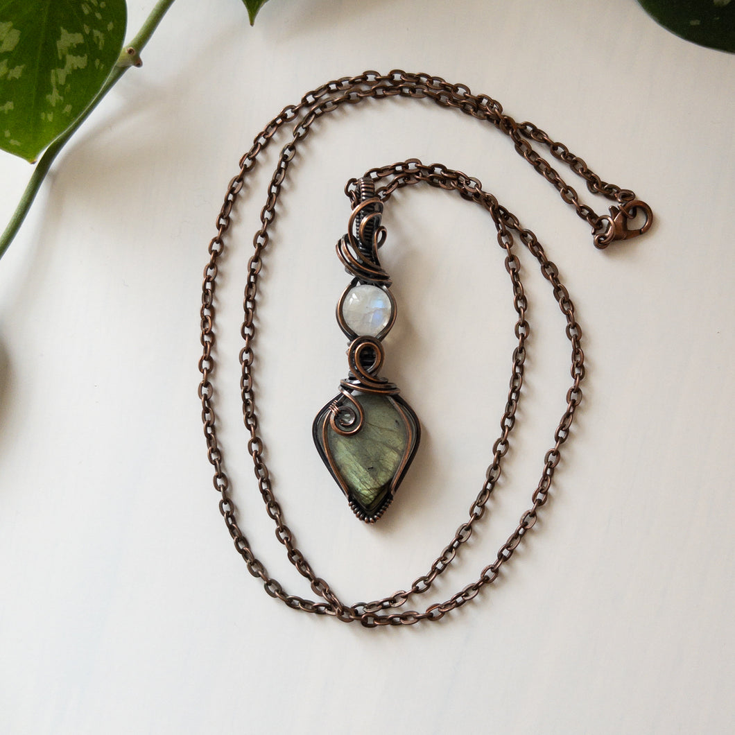 Labradorite With Moonstone & Copper Wrapped Pendant