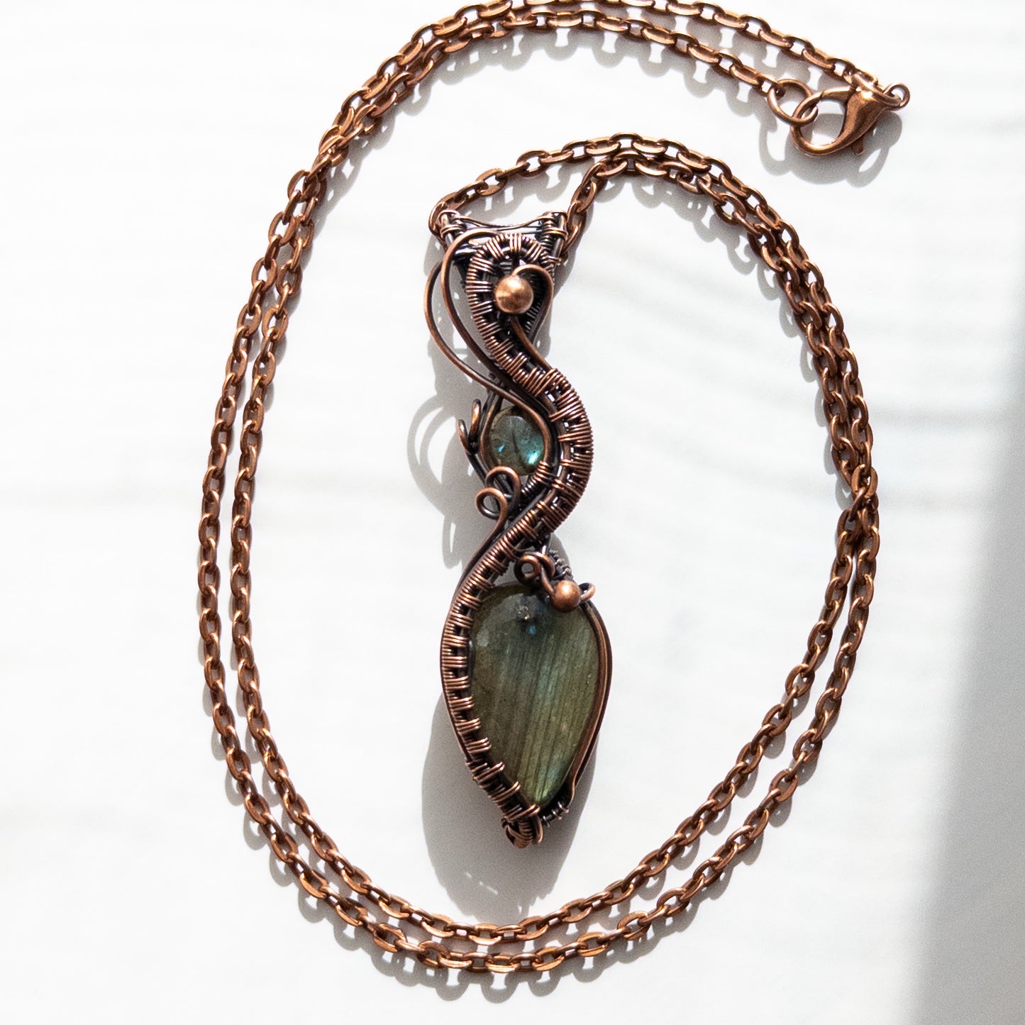 Double Labradorite Wrapped & Woven Copper Pendant