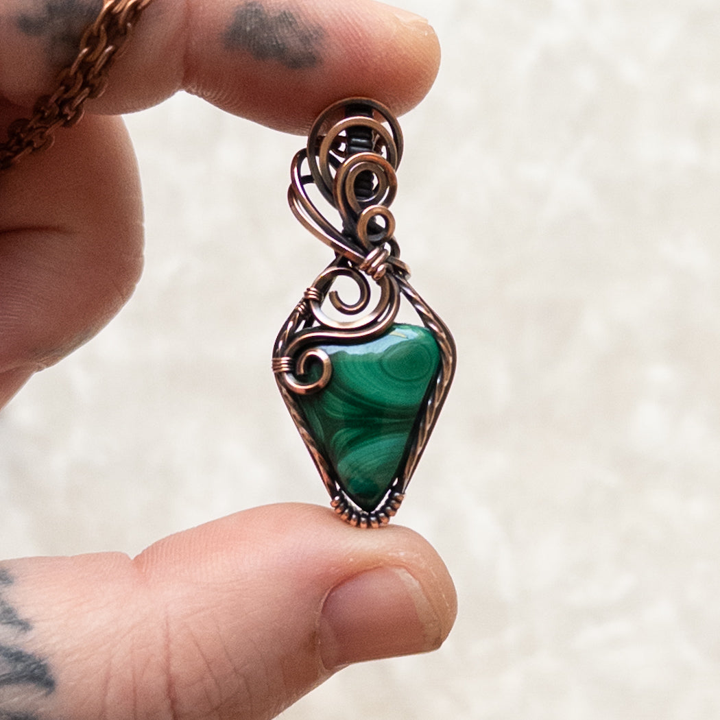 Dainty Malachite Antiqued Copper Pendant