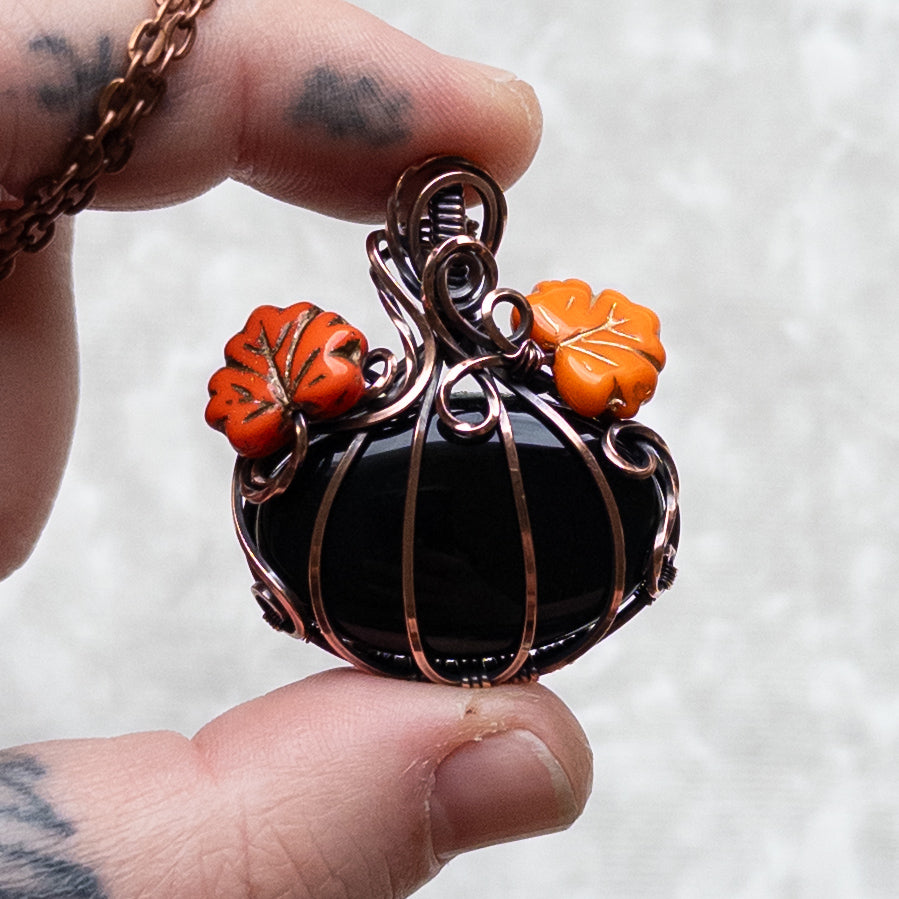 Black Onyx Antiqued Copper Pumpkin Pendant With Czech Glass Leaves