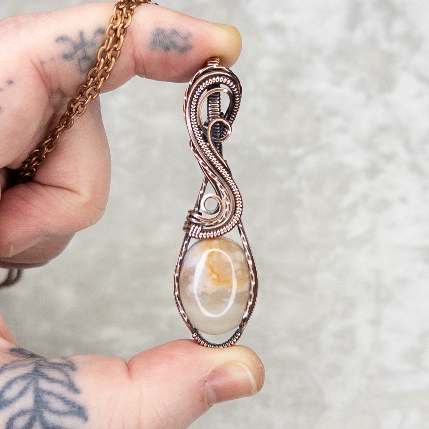 Flower Agate Antiqued Copper Pendant