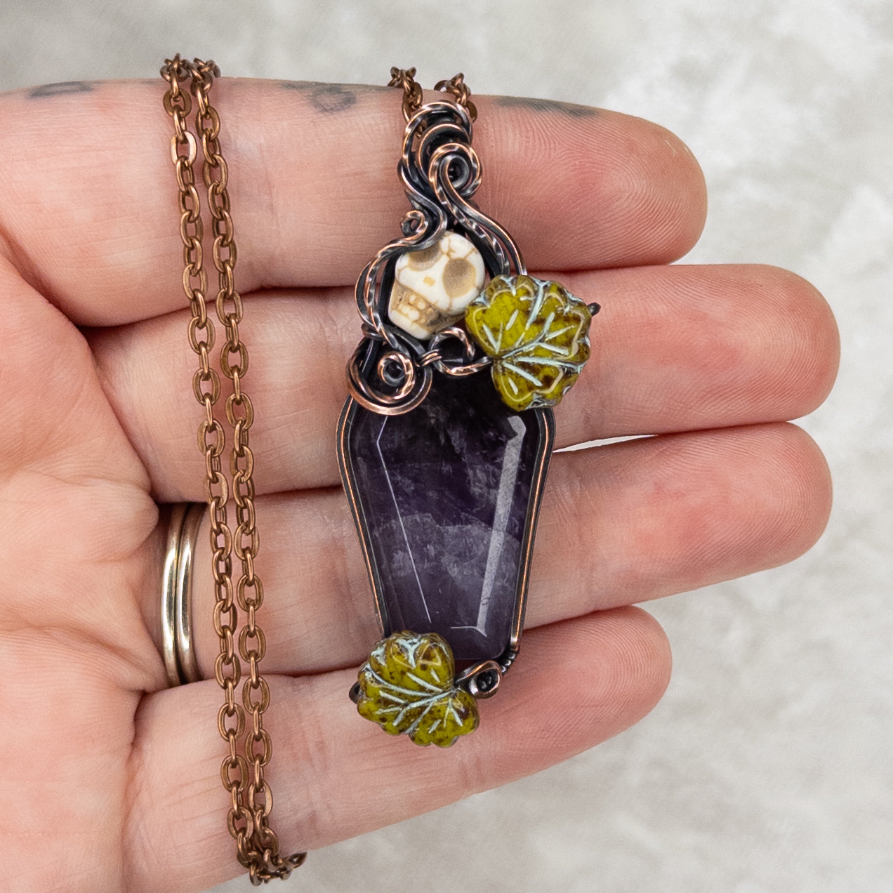 Amethyst Coffin & Skull Antiqued Copper Pendant With Czech Glass Leaves