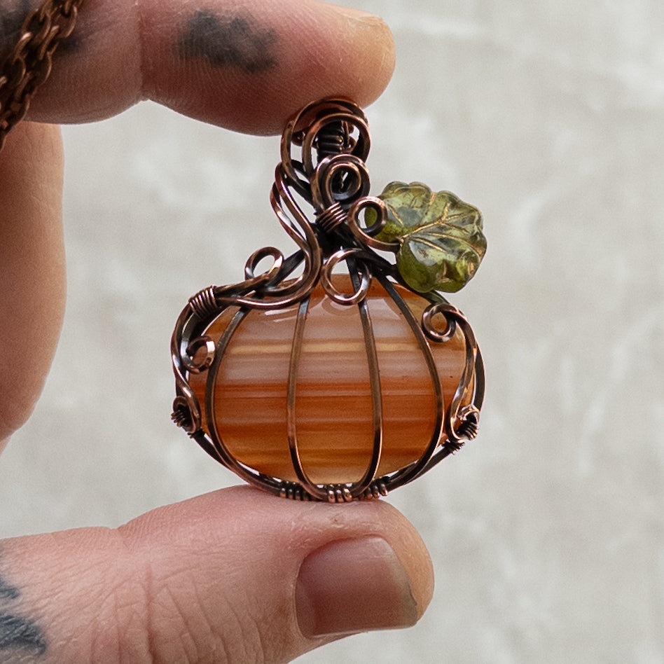 “Candy Corn” Agate Antiqued Copper Pumpkin Pendant With Czech Glass Leaf