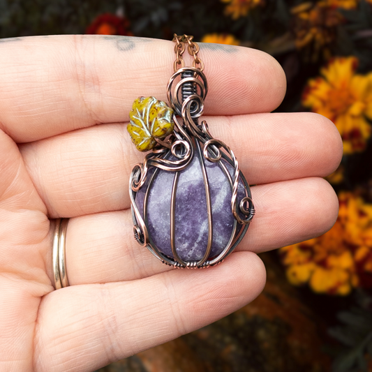 Lepidolite Antiqued Copper Pumpkin Pendant With Czech Glass Leaf