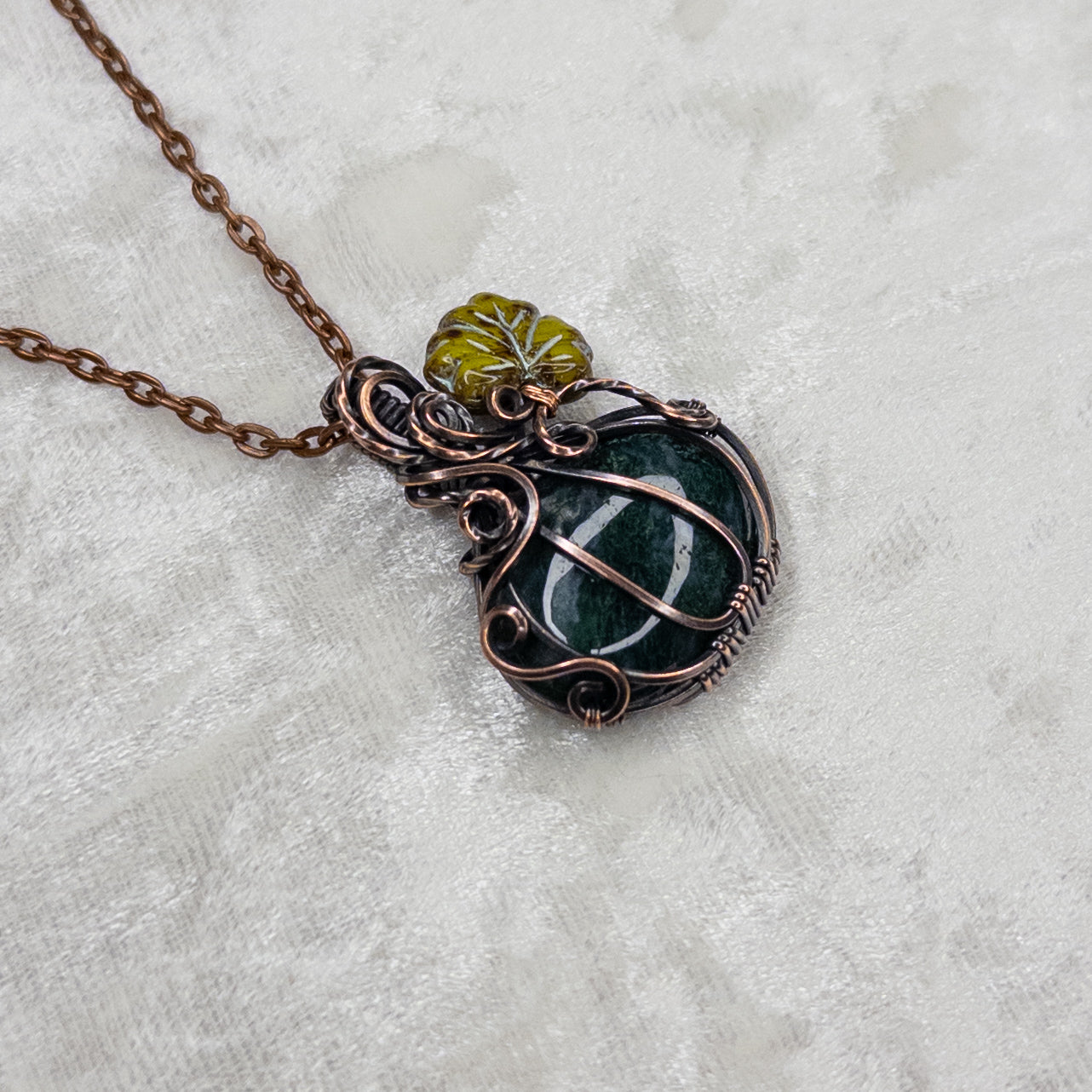 Moss Agate Antiqued Copper Pumpkin Pendant With Czech Glass Leaf