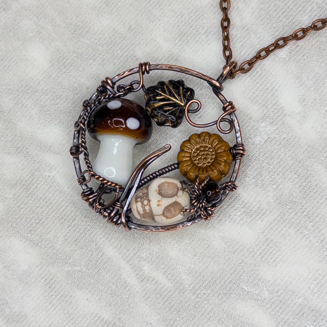 “Autumn Rest” Antiqued Copper Pendant With Czech Glass Botanical Beads, Lampwork Mushroom Bead, Stone Skull Bead, And Tiny Glass & Wire Spider