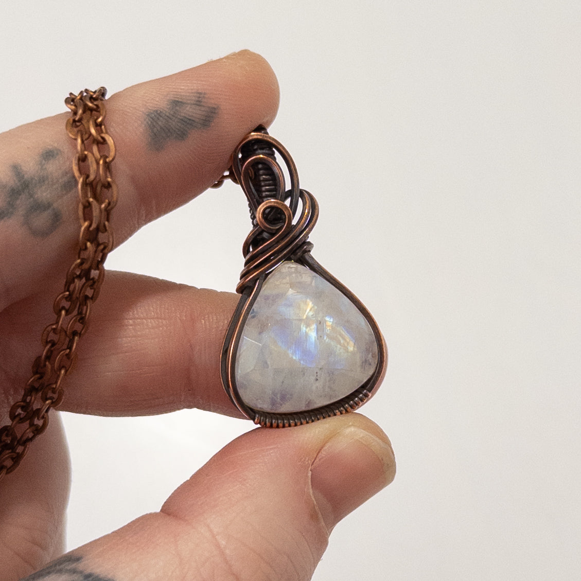 Rose Cut Rainbow Moonstone Copper Wrapped Pendant