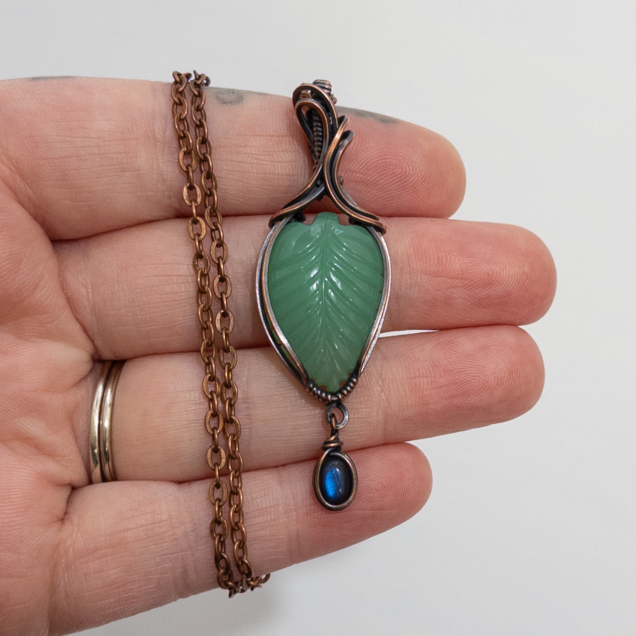 Chrysoprase Leaf & Labradorite Copper Wrapped Pendant