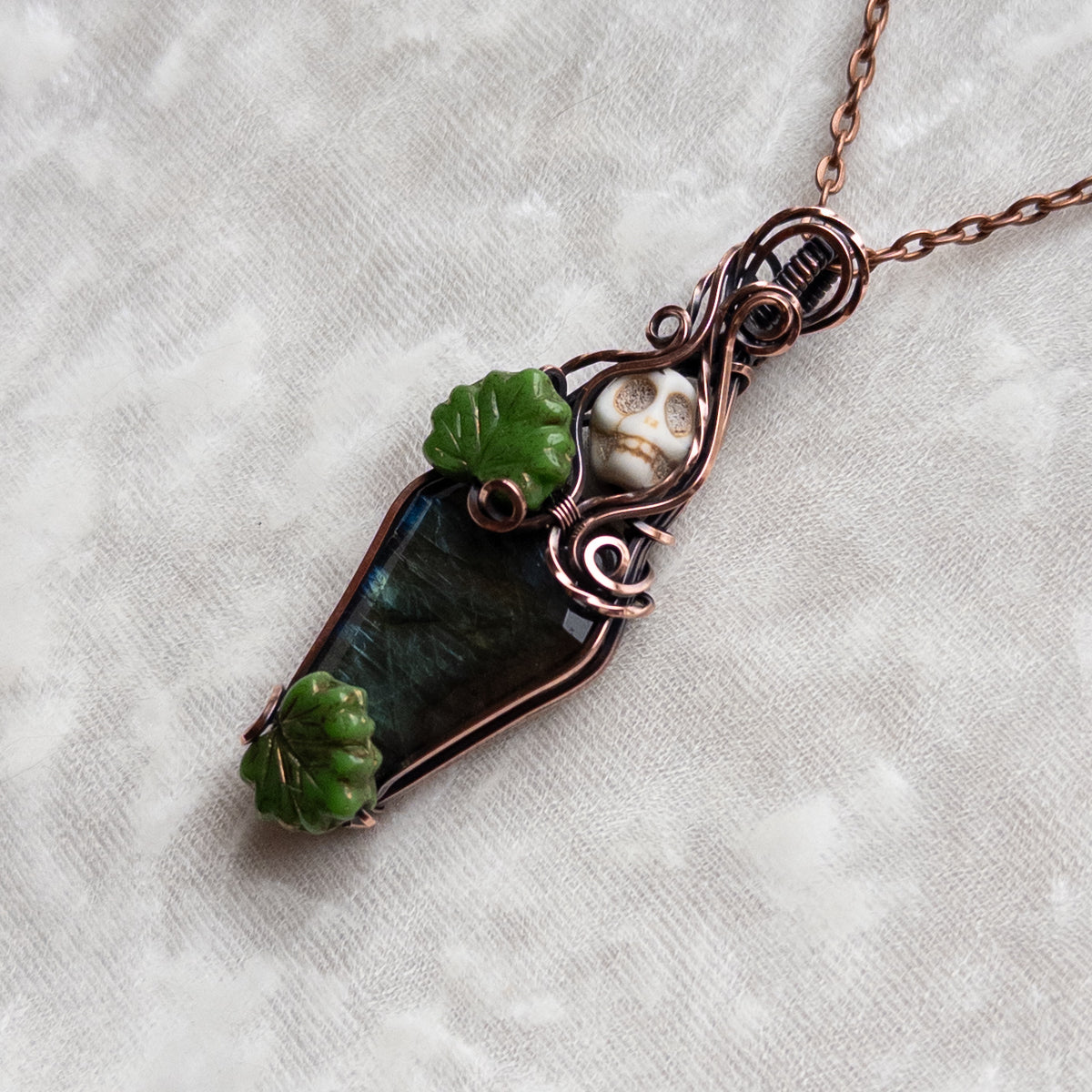Labradorite Coffin & Skull Antiqued Copper Pendant With Czech Glass Leaves
