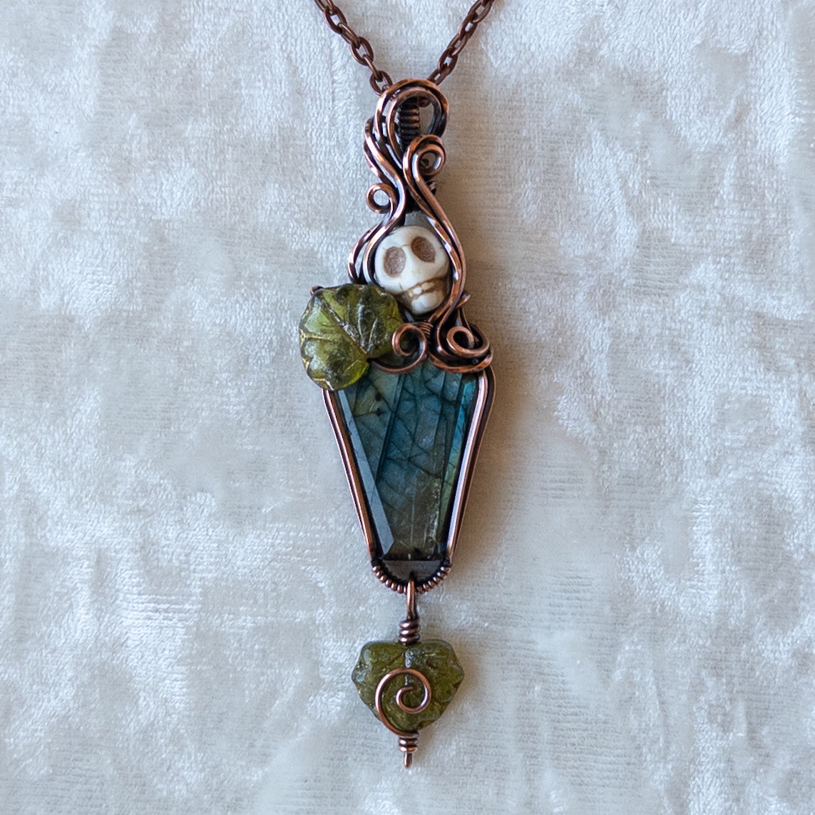 Labradorite Coffin & Skull Antiqued Copper Pendant With Czech Glass Leaves