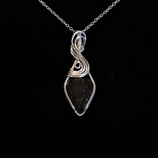 Black Druzy Agate & .925 Sterling Silver Pendant