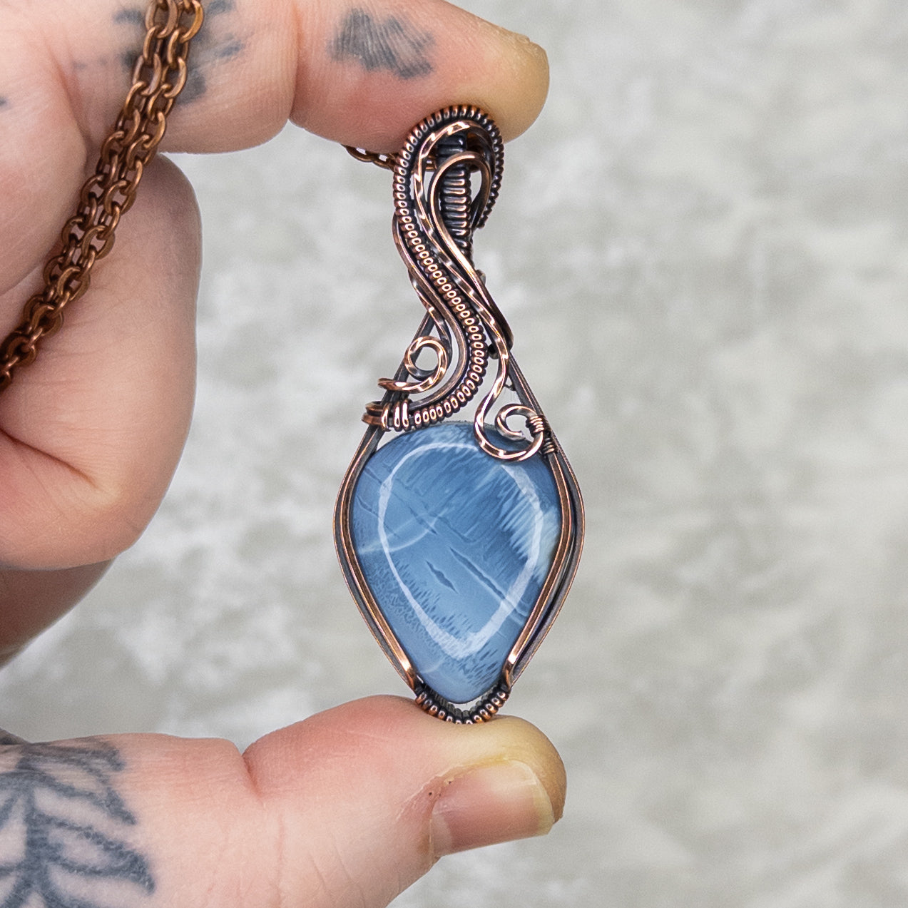 Frosty Blue Opal Antiqued Copper Pendant
