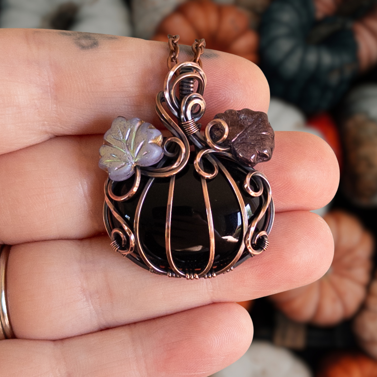 Black Onyx Antiqued Copper Pumpkin Pendant With Purple Leaves