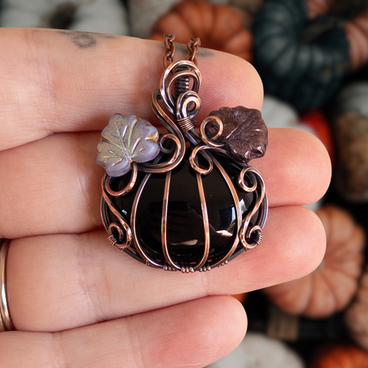 Black Onyx Antiqued Copper Pumpkin Pendant With Purple Leaves