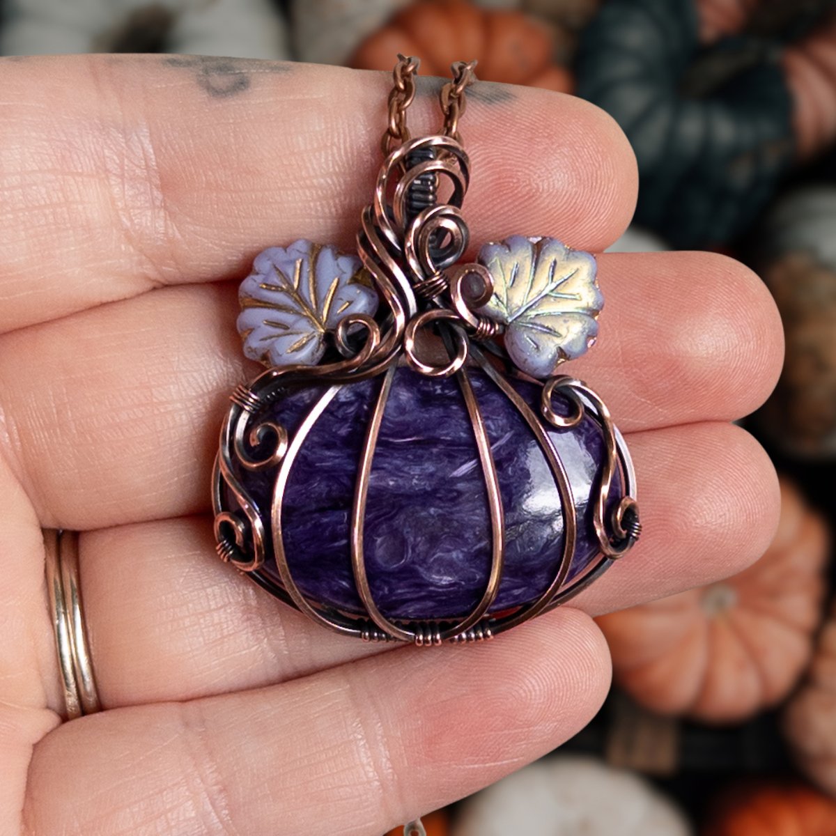 Charoite Pumpkin Antiqued Copper Pendant With Czech Glass Leaves