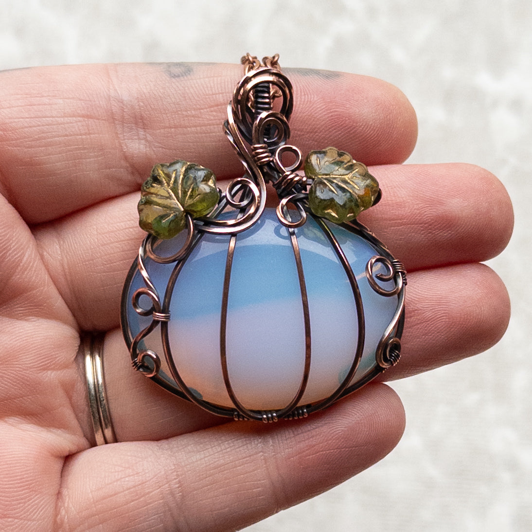 Opalite Glass Antiqued Copper Pumpkin Pendant With Czech Glass Leaves