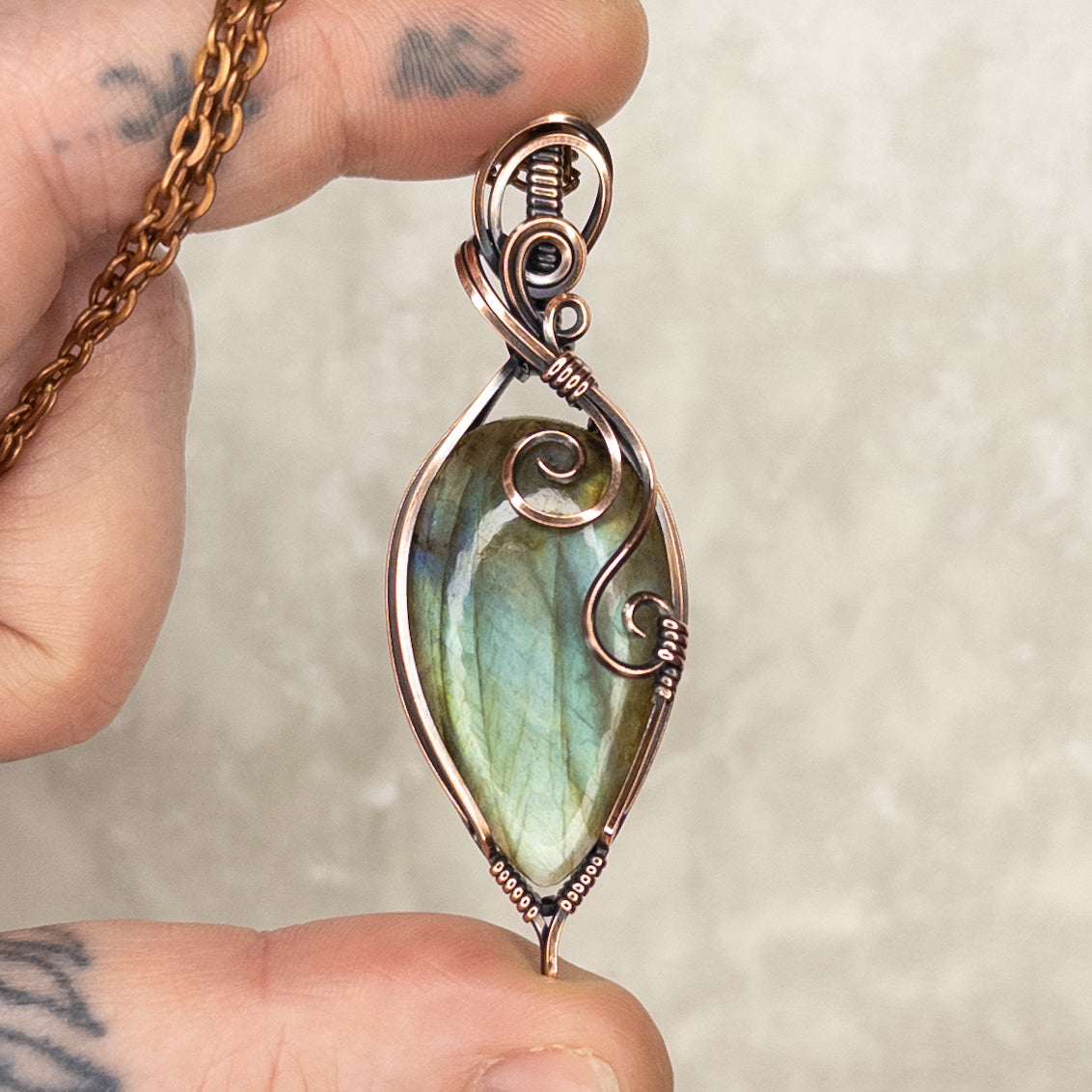 Green & Blue Labradorite Antiqued Copper Pendant