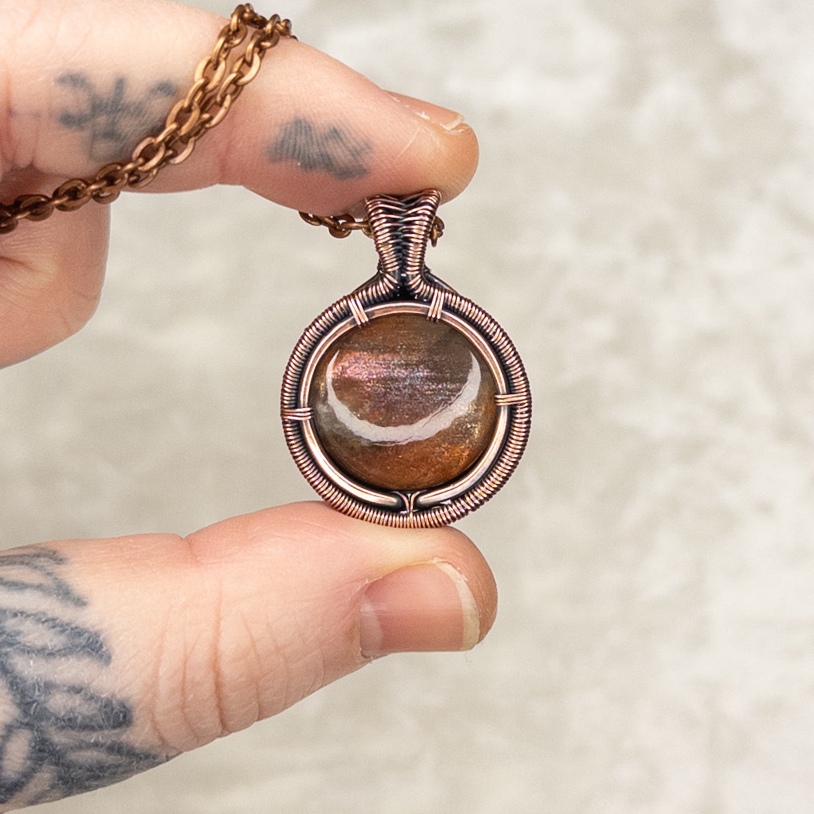 Purple Haze Sunstone Antiqued Copper Medallion Pendant