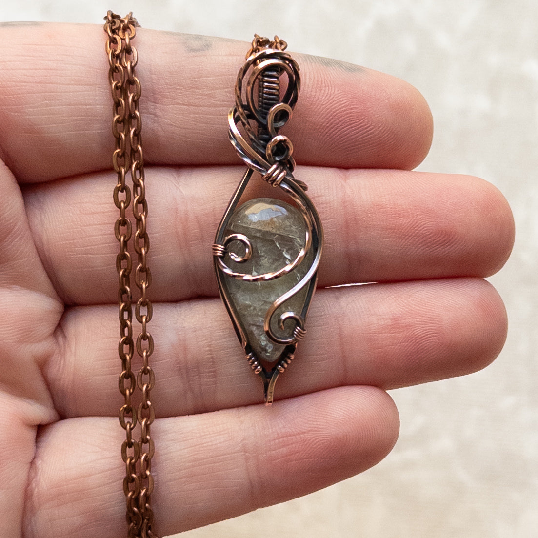 Green Tanzanian Sunstone Antiqued Copper Pendant