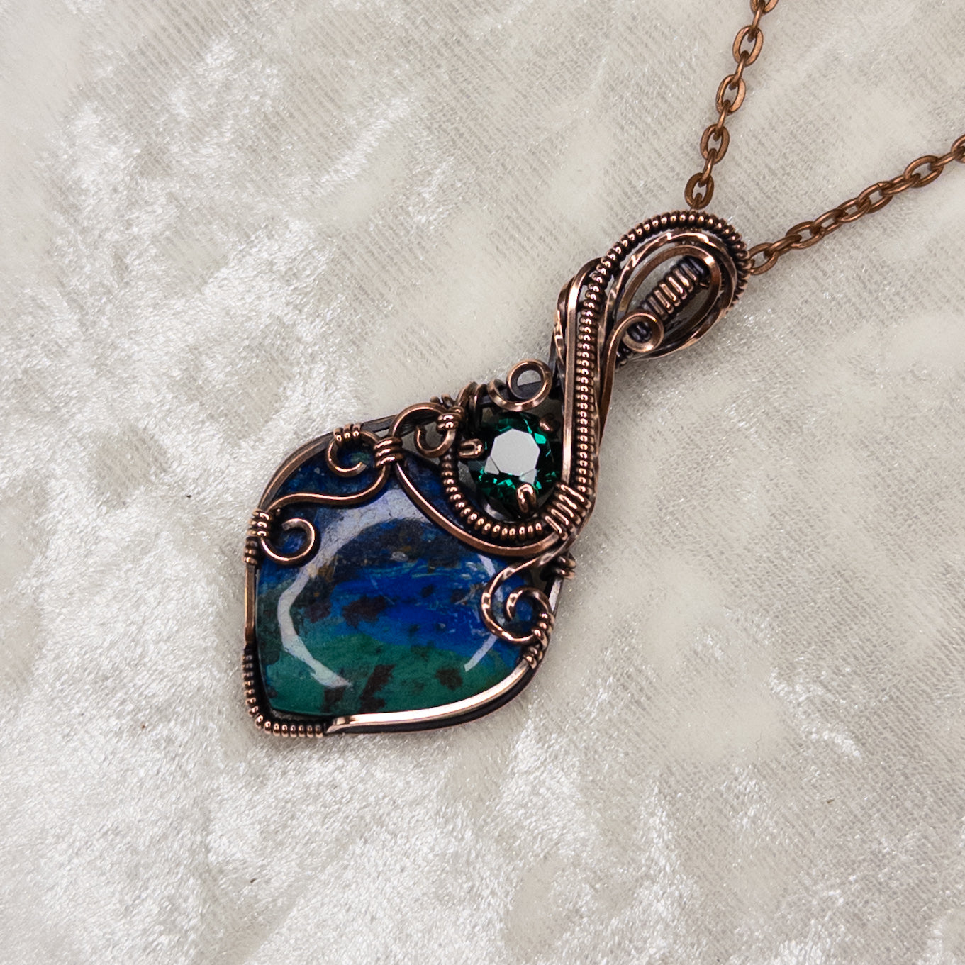 Moroccan Azurite with Malachite & Simulated Emerald Antiqued Copper Pendant