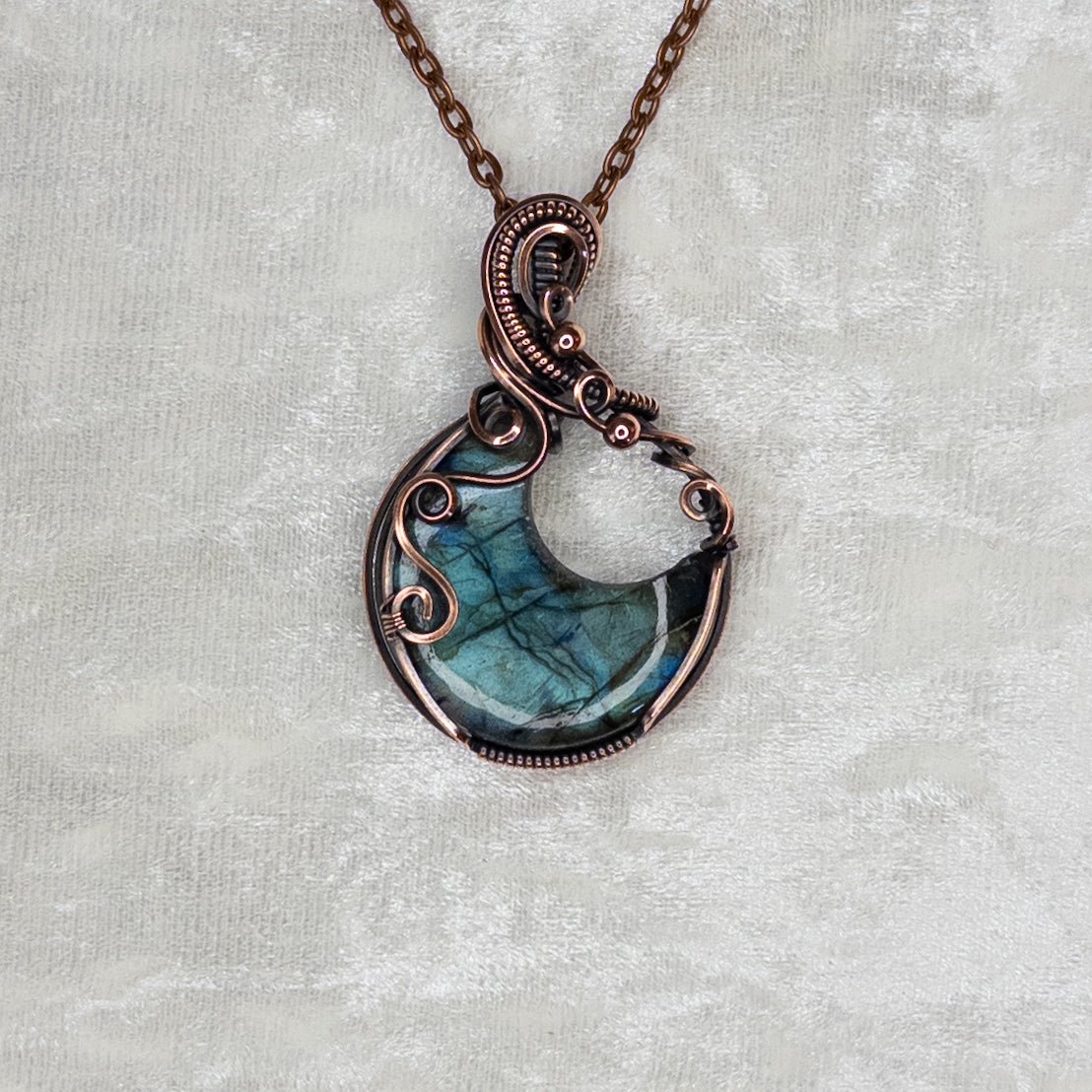 Teal Labradorite Moon Antiqued Copper Pendant