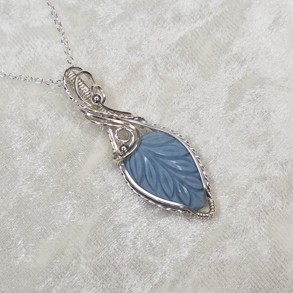 Blue Opal Carved Leaf Sterling Silver Pendant