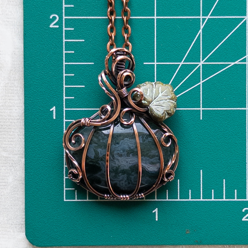 Moss Agate Antiqued Copper Pumpkin Pendant With Czech Glass Leaf