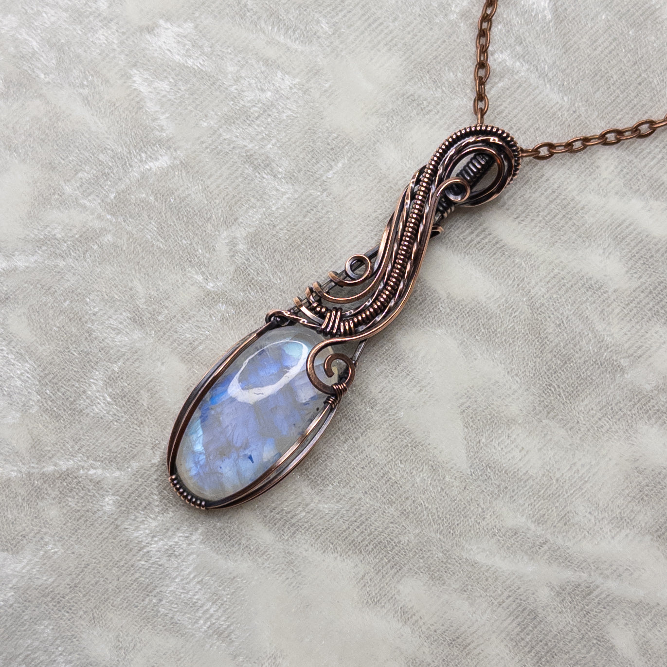 Blue Flash Moonstone Antiqued Copper Pendant
