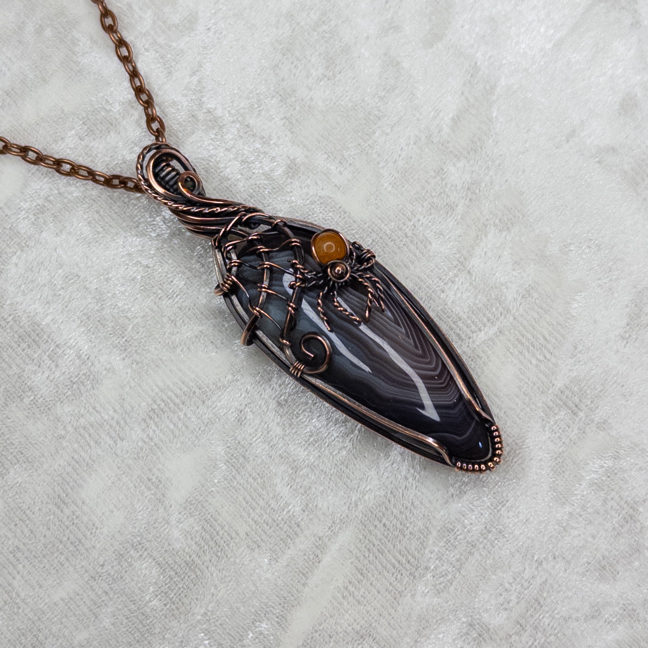 Botswana Agate & Orange Aventurine Spider Antiqued Copper Pendant