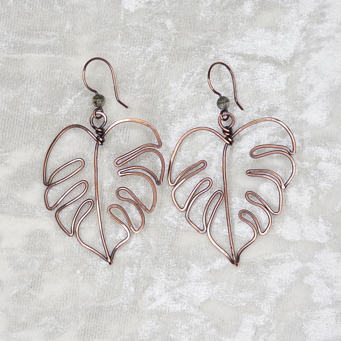 Moss Agate Hammered Monstera Leaf Antiqued Copper Earrings