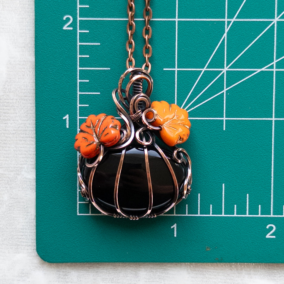 Black Onyx Pumpkin Antiqued Copper Pendant With Czech Glass Leaves